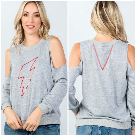 ❤Gray Cold Shoulder Sequin Lightning Bolt Top - Picture 2 of 4